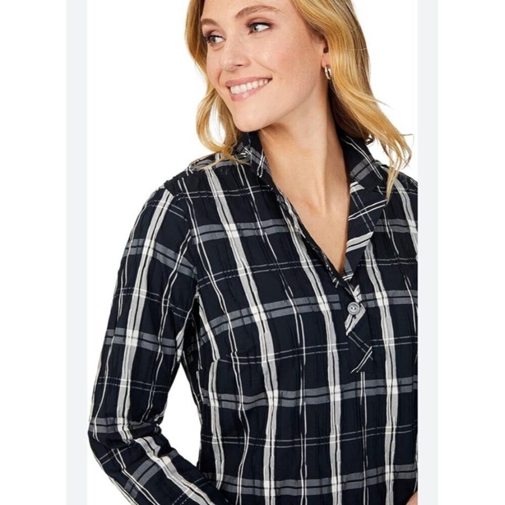 Foxcroft Women's Shirt Button Up Black White Plaid Check Stretch Blouse Top 20W